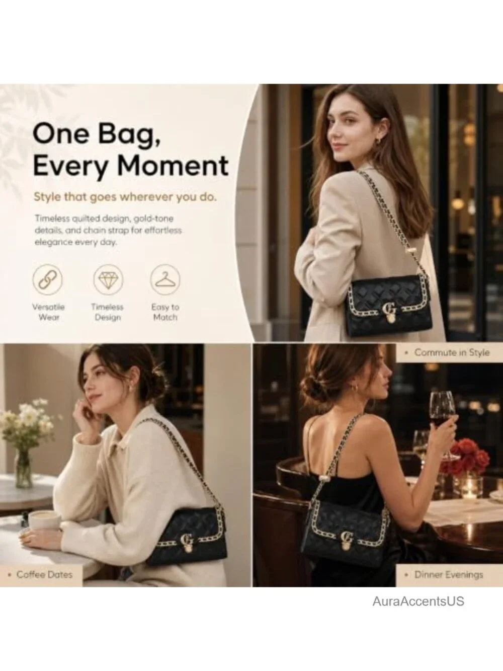 Quilted Crossbody Bag, Small Chain Shoulder Purse with Gold Hardware